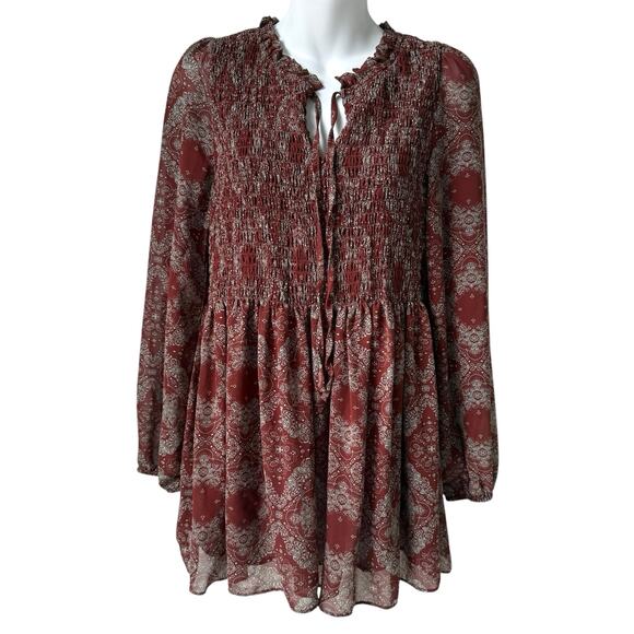 Melloday Womens Boho Peasant Blouse Small Rust Red Smocked Phoebe Buffay Cottage - Picture 11 of 16